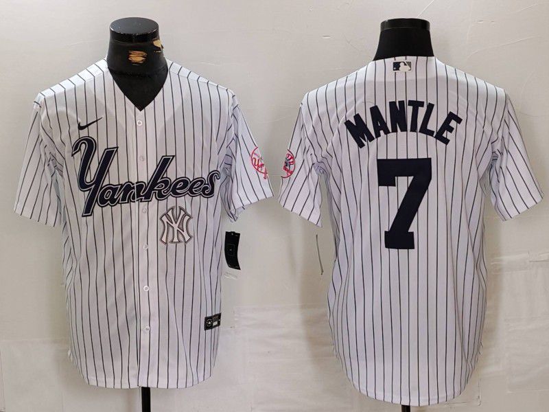 Men New York Yankees 7 Mantle White stripe Three generations of joint names Nike 2024 MLB Jersey style 4
